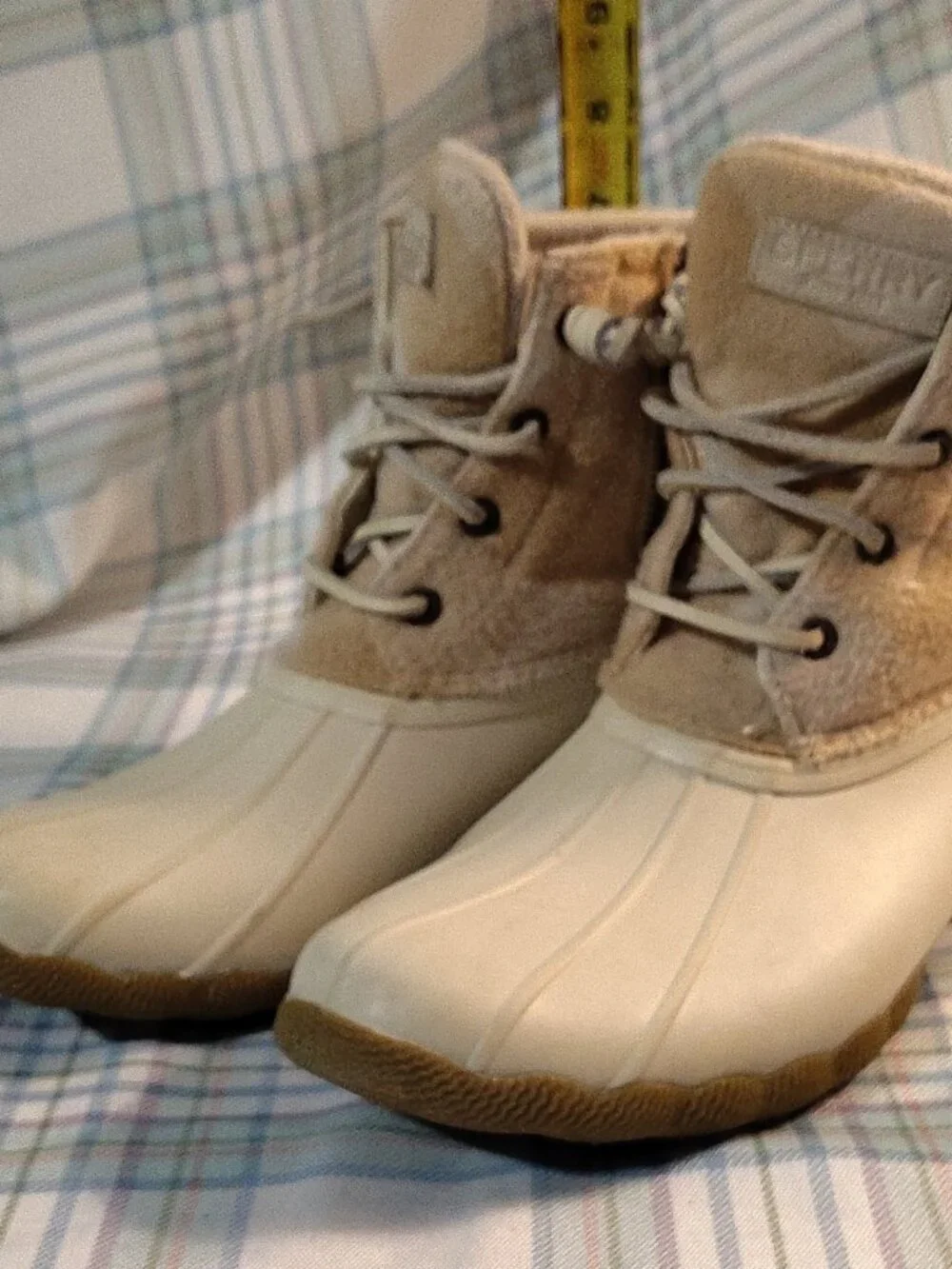 Sperry STS88318 Plaid Wool Blend Ankle Duck Boots Beige White Lace Rubber Sole